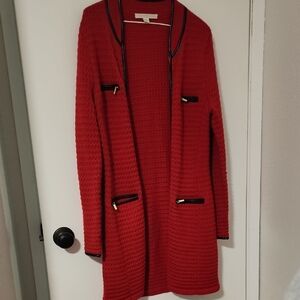 Boston Proper Vibrant Red Cardigan with Black Trim